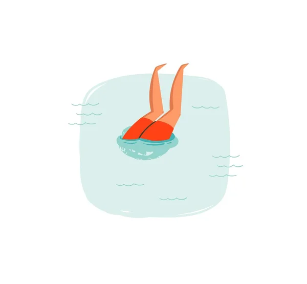Mão desenhado vetor abstrato desenho animado verão tempo divertido ilustrações ícone com natação mergulho menino em ondas azuis do oceano isolado no fundo branco — Vetor de Stock