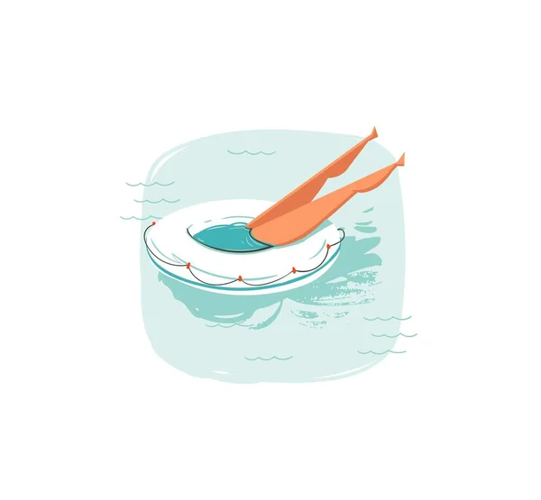 Mão desenhado vetor abstrato desenho animado verão tempo divertido ilustrações ícone com menina nadando no flutuador anel de bóia em ondas azuis do oceano isolado no fundo branco — Vetor de Stock