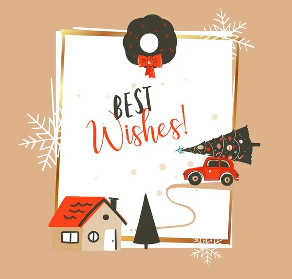 Vector dibujado a mano abstracto Feliz Navidad y Feliz Año Nuevo ilustraciones de dibujos animados vintage tarjeta de felicitación plantilla con coche rojo y árbol de Navidad aislado sobre fondo blanco — Vector de stock