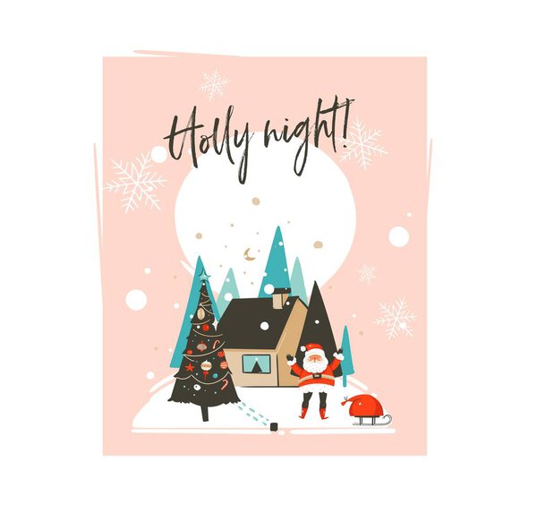 Hand drawn vector abstract Merry Christmas and Happy New Year time cartoon illustrations greeting card template with outdoor landscape,house and Santa Claus isolated on white background.