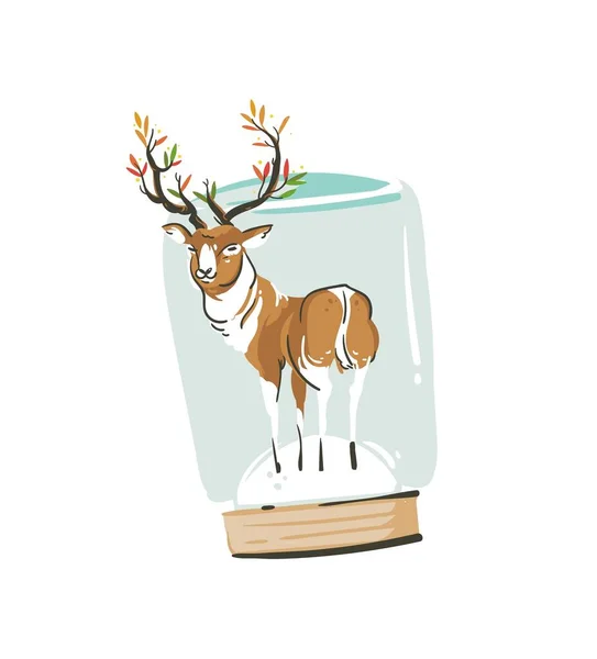 手描きベクトル抽象メリークリスマスとハッピーニューイヤータイムの漫画のイラストアイコン野生動物の鹿やトナカイとガラス雪の地球球の白い背景に隔離されたアイコン — ストックベクタ