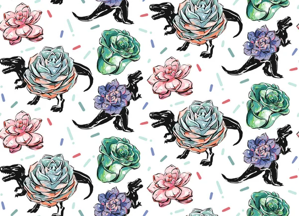 Hand drawn vector abstract ink brush grunge drawing textured crafted decoration succulent cacti flower in dino pot seamless pattern isolated on white background.