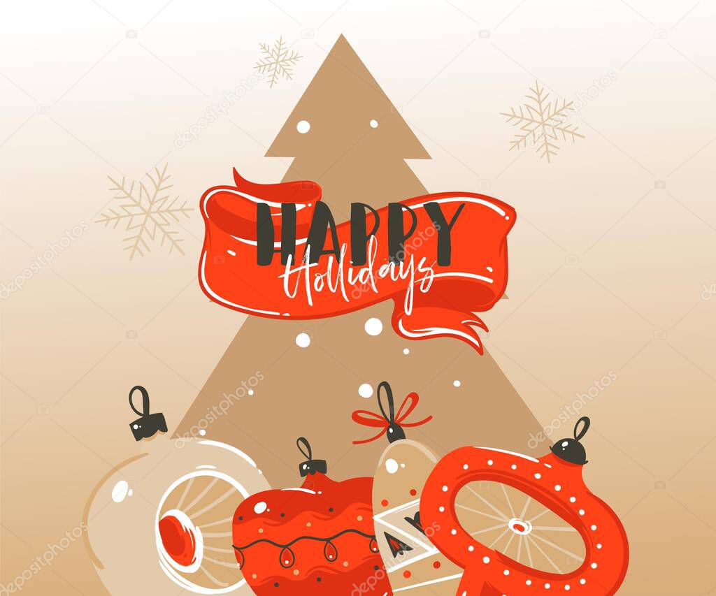 Hand drawn vector abstract Merry Christmas and Happy New Year time cartoon illustrations greeting header template with xmas tree bauble toys and typography text isolated on brown background.