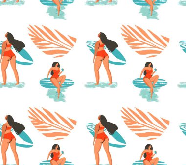El çizimi vektör soyut yaz zamanı pürüzsüz desen plajda bikinili sörfçü kız ve beyaz arka planda izole tropikal palmiye yaprakları.