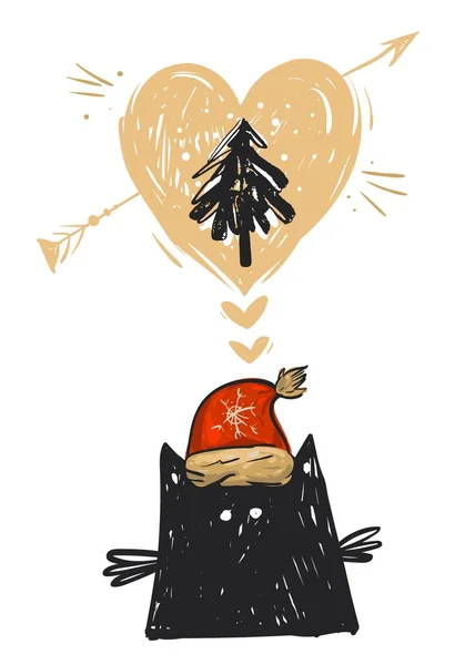 Carte Noël Abstraite Vectorielle Dessinée Main Avec Illustration Chat Noir — Image vectorielle