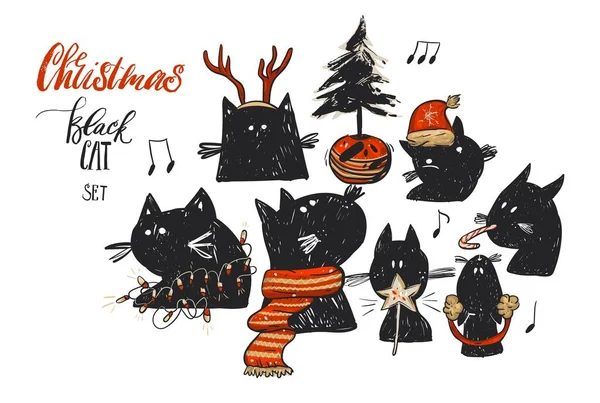 Mão desenhado vetor abstrato ilustrações de Natal coleção conjunto com engraçado doodle personagens gato preto em roupas de Natal vermelho e árvore de Natal em vaso isolado no branco.Feliz Ano Novo conceito —  Vetores de Stock