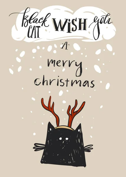 Ручной рисунок векторного абстракта С Рождеством Христовым шаблон открытки с милым черным кошачьим персонажем в оленьих рогах и современной фазе каллиграфии Черный кот желает вам счастливого Рождества — стоковый вектор