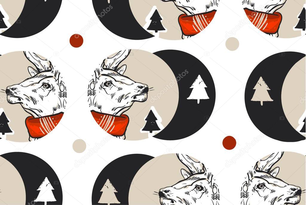 Hand drawn vector abstract vintage Christmas seamless pattern with graphic reindeers in red scarf and Christmas trees in dots shape .Winter holidays pattern concept.Polka dots texture.Wrapping paper