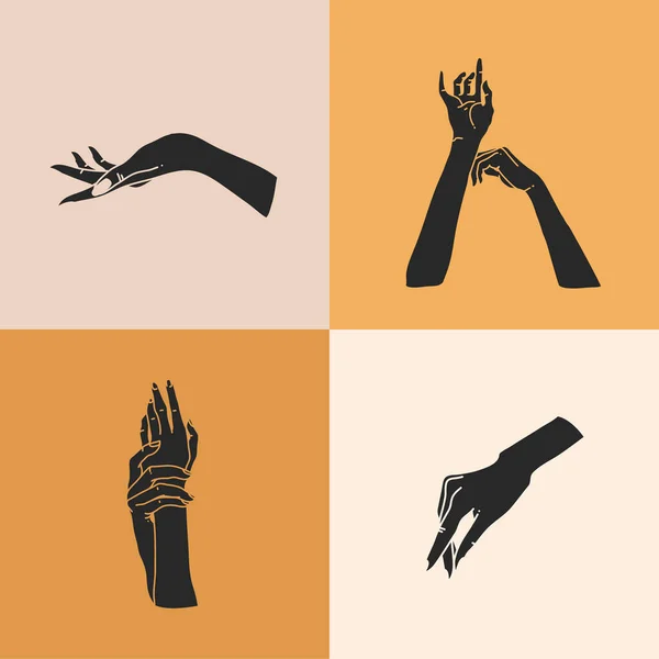 Handgezeichnete Vektor abstrakt Stock flache grafische Illustration mit Logo-Elemente gesetzt, menschliche Hände Silhouetten, Linie, magische Kunst in einfachen Stil für Branding, isoliert auf Farbhintergrund — Stockvektor
