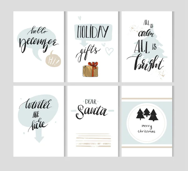 Hand made vector abstract Merry Christmas simple decoration cards set design with modern rough holiday calligraphy phases and quotes isolated on white background.Happy New Year concept — Stock Vector