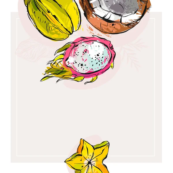 Handgezeichnete Vektor abstrakt Stock flache grafische Illustration mit Visitenkarte oder Bordüre Vorlage mit tropischen exotischen Früchten Kokosnuss, Karambola und Drachenfrucht isoliert auf weißem Hintergrund — Stockvektor