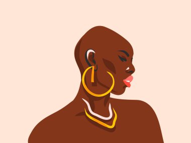 El çizimi vektör soyut düz grafik çizimi. Etnik kabile siyah güzel Afrikalı Amerikalı kadın ve altın küpeler. Beyaz arka planda izole edilmiş.