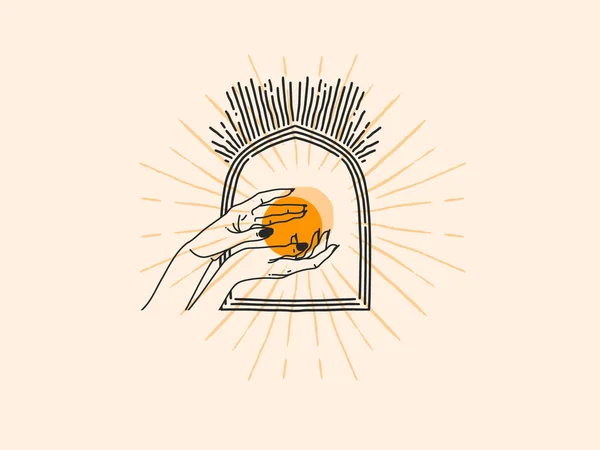 Mão desenhado vetor abstrato estoque plana ilustração gráfica com elementos do logotipo, sol dourado na mão feminina em arco, arte linha mágica em estilo simples para branding, isolado no fundo branco —  Vetores de Stock