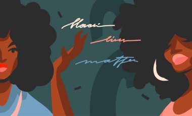 El çizimi vektör soyut düz stok grafik illüstrasyon genç siyah afro amerikan güzel kadınlar, ve siyah hayatlar renk kolaj şekil arka plan izole el yazması harfler önemli.