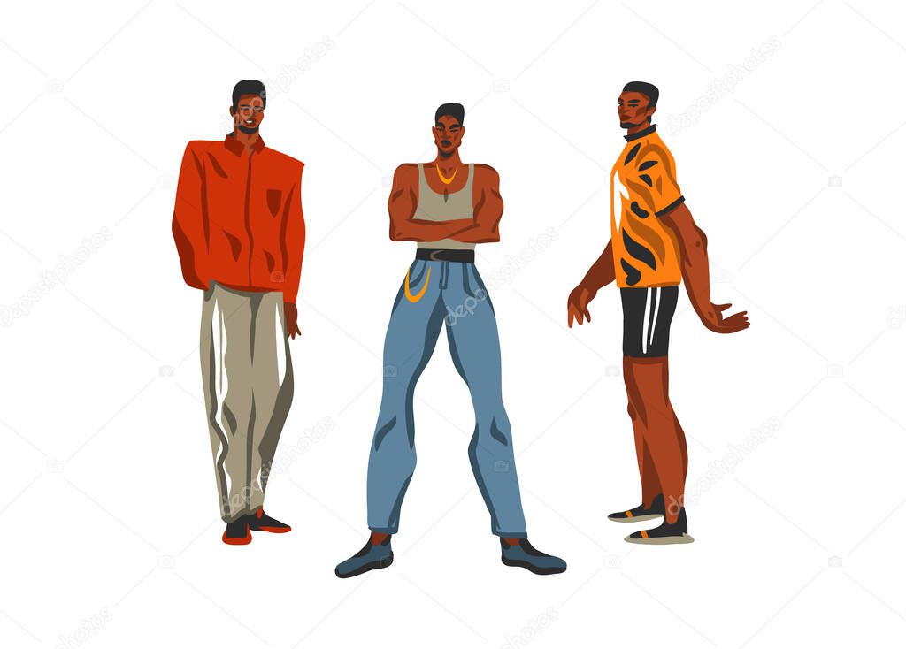 Hand drawn vector flat abstract stock graphic illustrations collection set with young happy black african american beauty male guys, in fashion street outfit isolated on white background