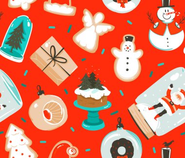 El çizimi vektör soyut eğlence stoku düz Mutlu Noeller ve mutlu yıllar çizgi film kusursuz desen ve renkli arka planda izole edilmiş Xmas antika oyuncaklarının şirin çizimleri.
