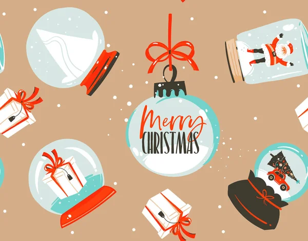 Ručně kreslené vektor abstraktní zábava stock byt Veselé Vánoce a šťastný nový rok čas karikatura slavnostní bezešvé vzor s roztomilými ilustracemi vánoční sněhové koule a Santa izolované na barevném pozadí — Stockový vektor