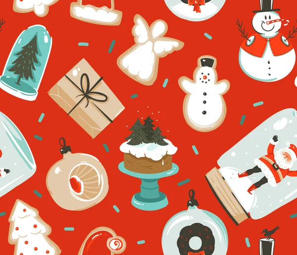 Рука намальована вектор абстрактний веселий акції плоска щасливого Різдва, і щасливий новорічний час мультфільм святковий безшовний візерунок з милими ілюстраціями Різдвяні ретро вінтажні іграшки ізольовані на кольоровому фоні — стоковий вектор