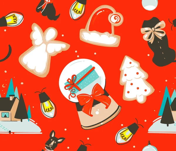 Ręcznie rysowane wektor abstrakcyjne zabawy czas płaski Wesołych Świąt i Szczęśliwego Nowego Roku czas kreskówki świąteczny bezszwowy wzór z cute ilustracje Xmas retro vintage zabawki izolowane na tle koloru — Wektor stockowy