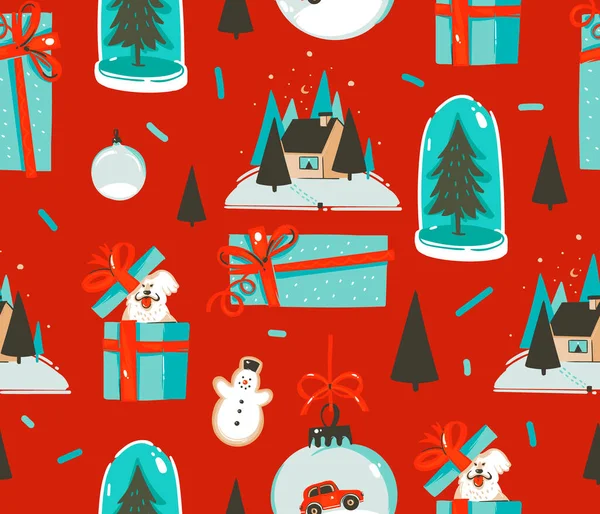 Handgetekende vector abstract leuk voorraad plat vrolijk kerstfeest, en gelukkig Nieuwjaar cartoon feestelijk naadloos patroon met schattige illustraties van Kerstmis retro vintage speelgoed geïsoleerd op kleur achtergrond — Stockvector