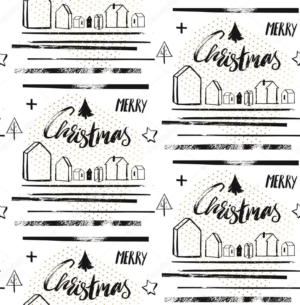 Hand drawn vector abstract textured seamless christmas pattern design with handwritten ink modern lettering phase Merry Christmas,outdoor houses,crosses,christmas trees and stars