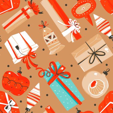 El çizimi vektör soyut eğlence stoku düz noel ve mutlu yıllar çizgi film kusursuz desen ve renkli arka planda izole edilmiş Xmas retro hediye kutularının şirin çizimleri.