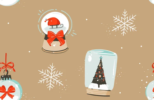 Hand dras vektor abstrakt roligt lager platt God Jul, och Gott nytt år tid tecknad festliga sömlösa mönster med söta illustrationer av jul snö glob och Santa isolerade på färg bakgrund — Stock vektor