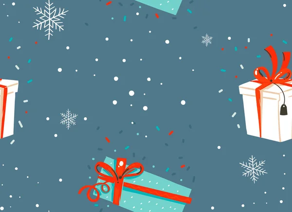 Dibujado a mano vector abstracto divertido stock plana Feliz Navidad, y Feliz Año Nuevo tiempo de dibujos animados patrón festivo sin costuras con lindas ilustraciones de Navidad bola de nieve y Santa aislado en el fondo de color — Archivo Imágenes Vectoriales
