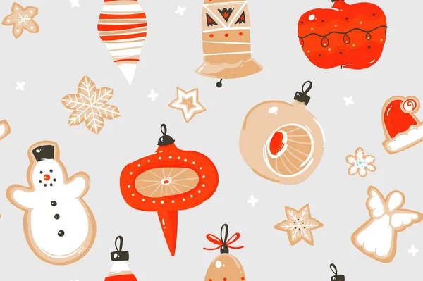 手描きベクトル抽象的な楽しいストックフラットメリークリスマス、そしてクリスマスツリーのおもちゃや色の背景に隔離されたクッキーのかわいいイラストとハッピーニューイヤー漫画のお祝いのシームレスなパターン — ストックベクタ