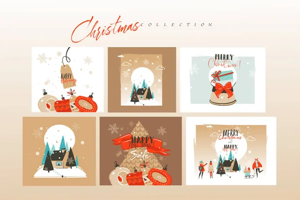 Χειροποίητο διάνυσμα αφηρημένη διασκέδαση απόθεμα επίπεδη Καλά Χριστούγεννα, και Ευτυχισμένο το Νέο Έτος χρόνο καρτούν εορταστικές κάρτες δέσμη που με χαριτωμένο εικονογραφήσεις των Χριστουγέννων και Σάντα απομονώνονται στο φόντο χρώμα — Διανυσματικό Αρχείο