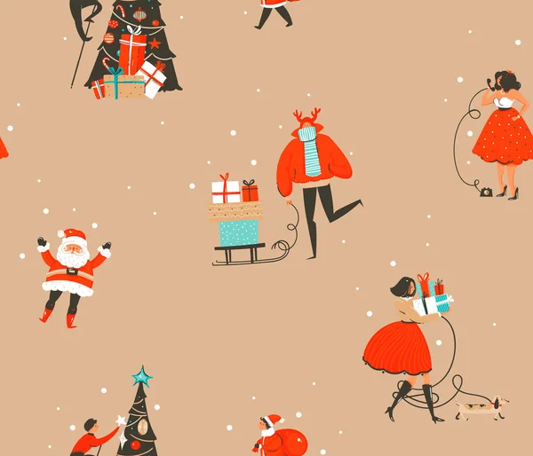 Tangan digambar vektor abstrak saham datar Merry Christmas, dan Happy New Year waktu kartun meriah pola mulus dengan ilustrasi lucu kotak hadiah Natal retro terisolasi pada latar belakang warna - Stok Vektor