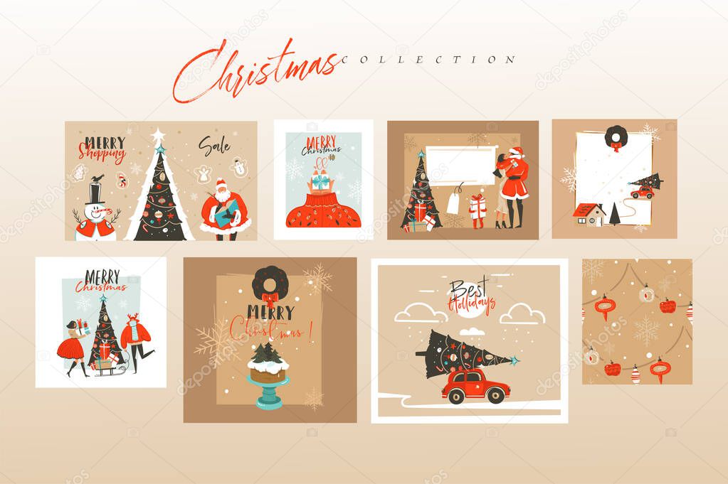 Hand drawn vector abstract fun stock flat Merry Christmas,and Happy New Year time cartoon festive cards bundle set with cute illustrations of Xmas and Santa isolated on color background