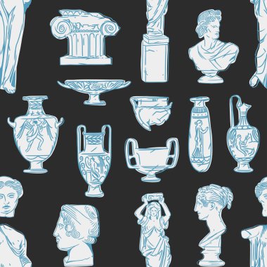 El çizimi vektör soyut grafiği, Yunan antik heykel heykelleri ve sütun çizgisi modern dikişsiz desen. Moda tarzında antika grafiti saykodelik heykel. Antik heykel tasarımı arka plan.