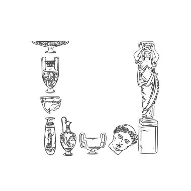 Antika vazo süslemeleri çerçeve çerçeveleri ve tomarlar dekorasyonlar retro tasarım vektör çerçeveleri ve davetiyeler, tebrik kartları, sertifika sınırları, el çizimi antik çerçeve