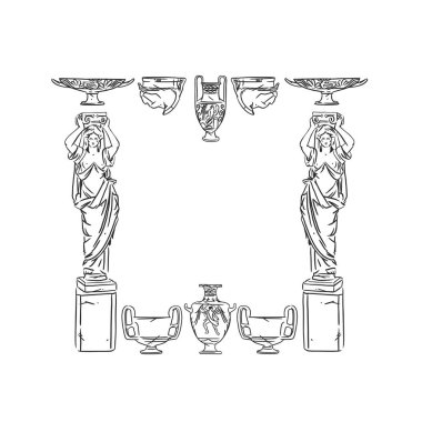 Antika vazo süslemeleri çerçeve çerçeveleri ve tomarlar dekorasyonlar retro tasarım vektör çerçeveleri ve davetiyeler, tebrik kartları, sertifika sınırları, el çizimi antik çerçeve