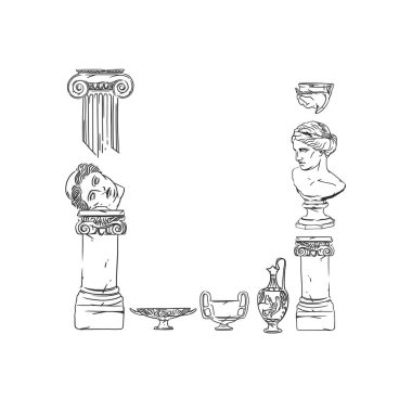 Antika vazo süslemeleri çerçeve çerçeveleri ve tomarlar dekorasyonlar retro tasarım vektör çerçeveleri ve davetiyeler, tebrik kartları, sertifika sınırları, el çizimi antik çerçeve