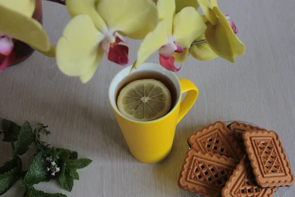 Yellow Orchid Mug Tea Lemon Cookies Wooden Background — Stock Photo, Image