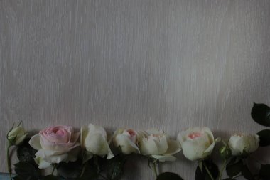 Güzel pembe gül buketi hafif ahşap bir arka plan üzerinde yalan.