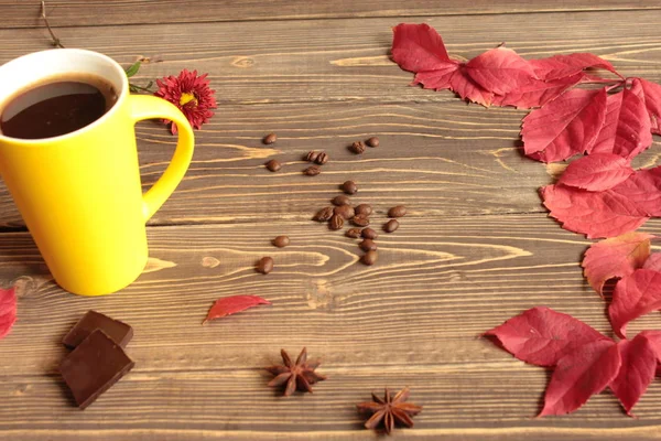 黄色い円のコーヒー 赤い葉 チョコレートを木製のテーブルに — ストック写真