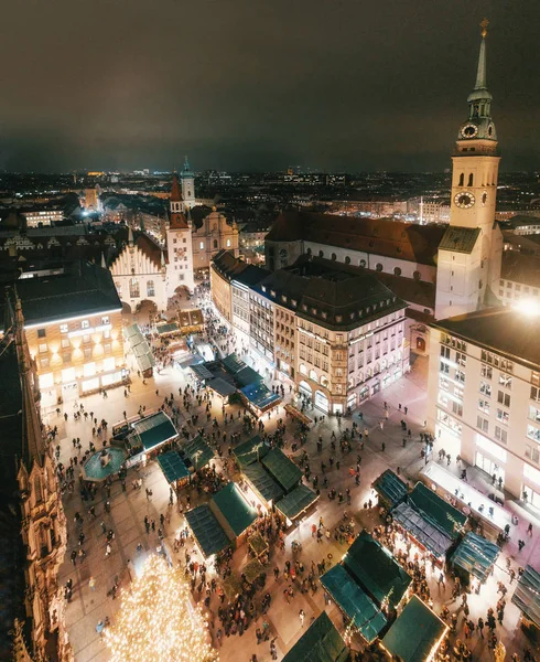 Christmas Panorama Över Marienplatz Från Rådhuset Neues Rathaus Nattetid München — Stockfoto
