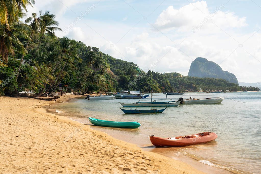 Corong Corong beach with traditional boats, El Nido, Palawan island, Philippines