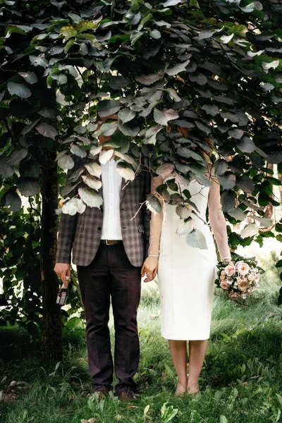 Свадебная пара стоит под зеленым деревом — стоковое фото