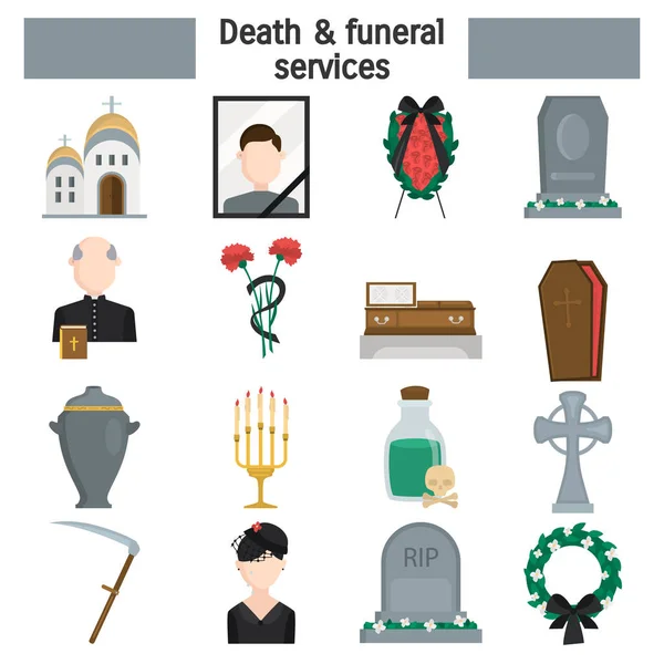 Muerte Servicios Funerarios Conjunto Iconos Vectoriales Color Diseño Plano — Vector de stock