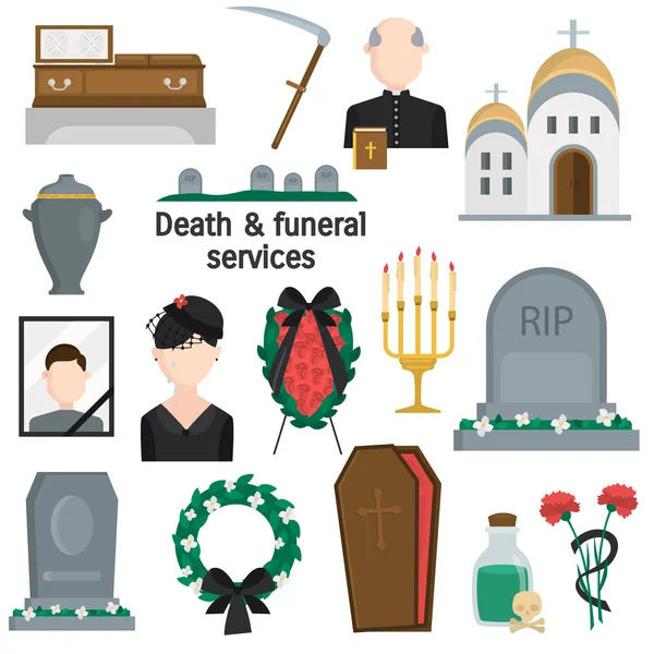 Muerte Servicios Funerarios Conjunto Iconos Vectoriales Color Diseño Plano — Vector de stock