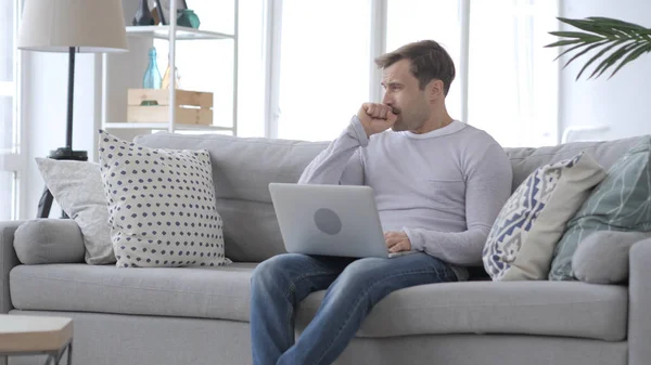 Cough Man Coughing While Working Laptop Couch — Stock Photo, Image