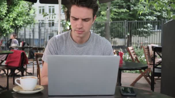 Headache, Portrait of Tense Working Man Sitting in Cafe Terrace — Stock Video
