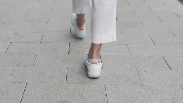 Visão traseira das pernas femininas andando na rua — Vídeo de Stock