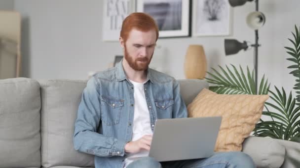 Homem Barba Criativa Celebrando Sucesso Trabalhando Laptop — Vídeo de Stock