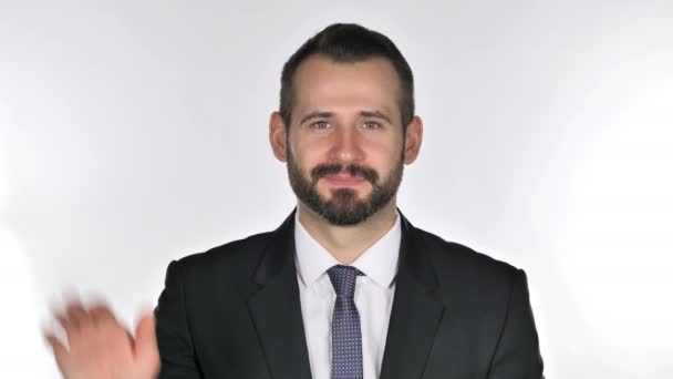 Portrait Beard Businessman Waving Hand Welcome — Stock Video