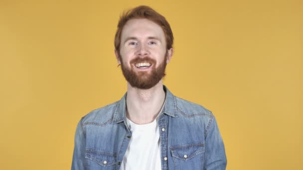 Laughing Happy Redhead Man Isolated Yellow Background — Stock Video